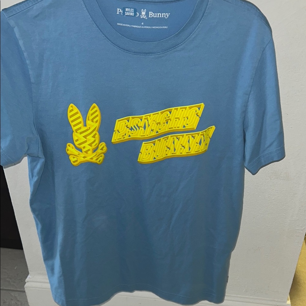 Psycho Bunny Blue Graphic T-Shirt with Yellow Print.Size 4
